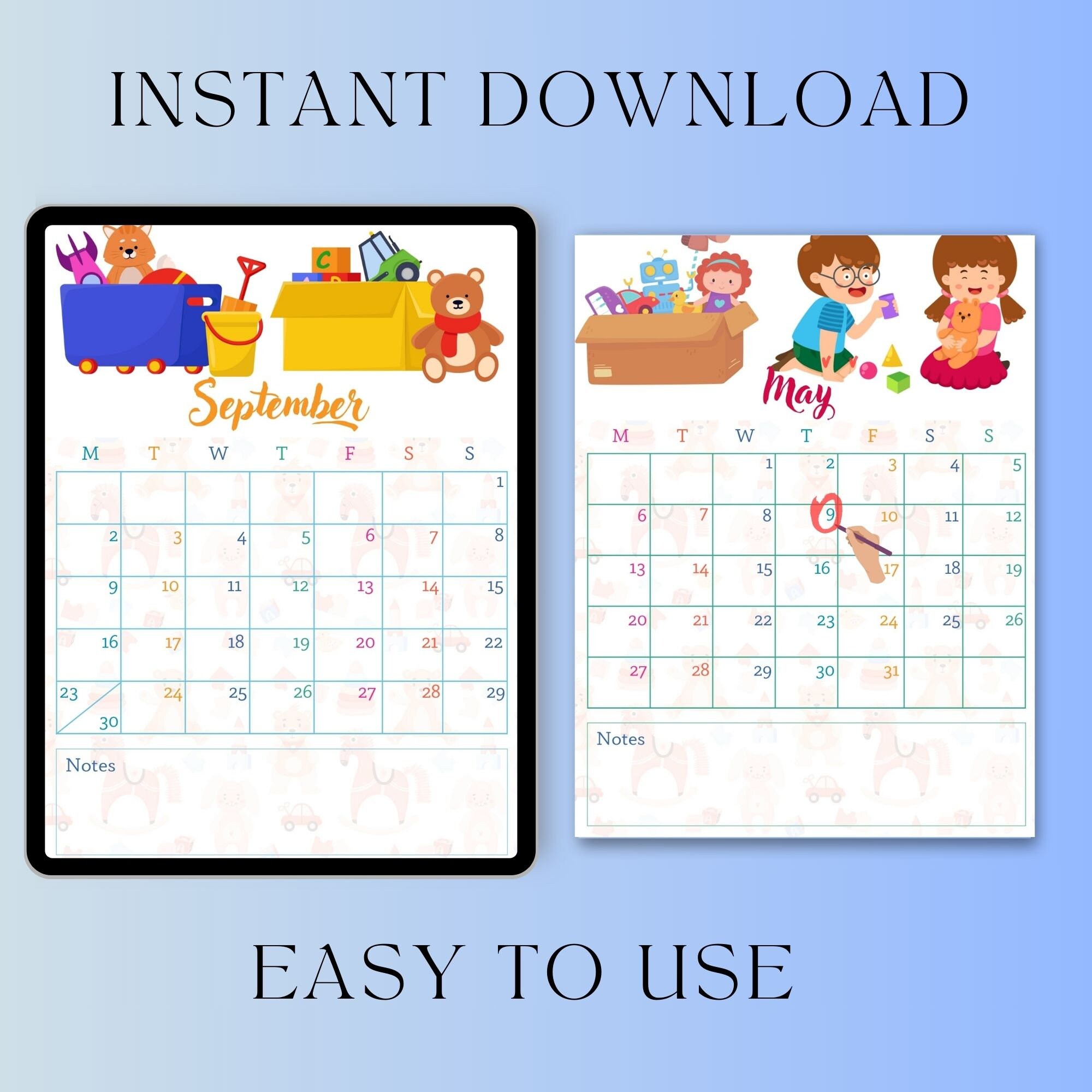 Kids Calendar, Instant Printable Children's Calendar, Blank Calendar ...