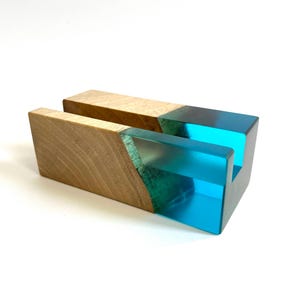 Blue resin & wood BUSINESS CARD HOLDER. Office desk accessories for women office.