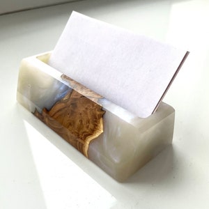 PORTE-CARTES DE VISITE en résine bleue et bois. Accessoires de bureau pour femmes.