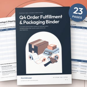 May include: A 23-page printable Q4 Order Fulfillment & Packaging Binder for small businesses. The cover features a dark blue background with white text and an illustration of a shipping box, digital scale, tape rolls, and a tape dispenser.