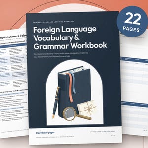 Puede incluir: Un cuaderno de ejercicios imprimible titulado Foreign Language Vocabulary & Grammar Workbook. La portada muestra un libro azul oscuro, una pluma estilográfica, una lupa y un pequeño regalo. Incluye 22 páginas de contenido estructurado.