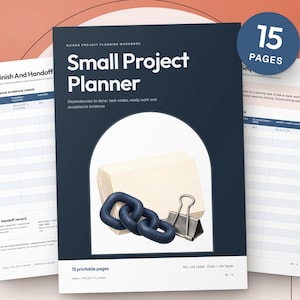May include: A 15-page Small Project Planner workbook with a dark blue cover featuring white text, a stack of cream-colored cards, a dark blue plastic chain link, and a silver metal binder clip. The workbook includes printable pages.