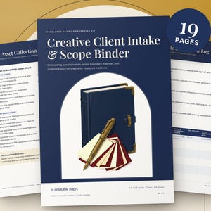 May include: A digital freelance client onboarding kit titled Creative Client Intake & Scope Binder with 19 pages. The cover features a dark blue binder, a gold fountain pen, and a fan of red and white cards. Includes A4 and US Letter formats.