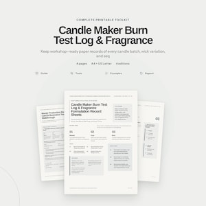 Puede incluir: Un kit imprimible de registro de pruebas de combustión y formulación de fragancias para velas con cuatro páginas. Los documentos incluyen secciones para registrar detalles de lotes, variaciones de mechas y notas de fragancias en A4 y US Letter.