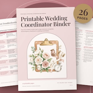 Puede incluir: Una carpeta imprimible para coordinador de bodas de 26 páginas, con una portada que muestra una ilustración de un portapapeles, rosas, cinta y un reloj de bolsillo. El documento incluye guías de resolución de problemas y listas.