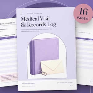 May include: A printable medical visit and records log with 16 pages, featuring a light purple cover with the text Medical Visit & Records Log, a purple binder, a cream envelope, and a silver paperclip, alongside pages for provider contact lists.