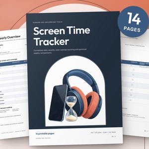Peut inclure: Un ensemble de 14 pages imprimables de suivi du temps d'écran avec une couverture bleu foncé portant le texte Screen Time Tracker, un smartphone, un sablier et un casque bleu à coussinets orange. Inclut des pages de suivi annuel et de données.