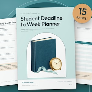 Peut inclure: Un kit de planification pour étudiants de 15 pages non daté, avec une couverture bleu clair, un livre bleu foncé et une horloge analogique dorée. Le document imprimable comprend des feuilles de plan de session d'étude avec texte et tableaux.