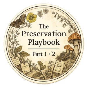 May include: Circular illustration with the text "The Preservation Playbook Part 1 + 2". The design features botanical elements like mushrooms, flowers, and leaves, along with a butterfly. The color palette is primarily beige, brown, and green.