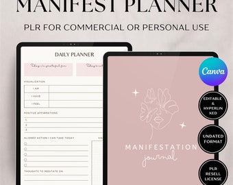 Planejador de Manifestação Digital PLR, Modelo Canva, Planejador Editável com Hiperlinks para Uso Comercial, Diário de Manifestação, Revenda de Planejador Digital PLR