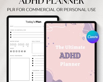 PLR ADHD Digital Planner, Adhd Planner Printable, Adhd Productivity Planner, Planner Canva Template, PLR Planner Resell, Commercial Use