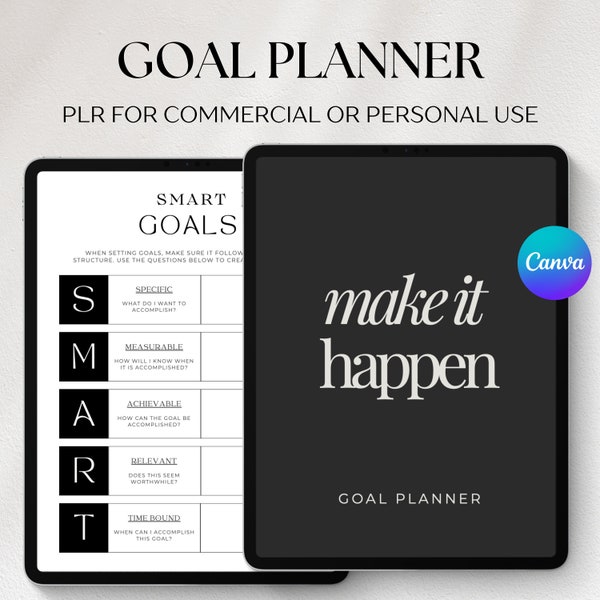 PLR Digital Goal Planner, Canva Template, Commercial Use Editable Planner, SMART Goal, Vision Board Goal Tracker, PLR Digital Planner Resell