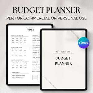 May include: A digital planner template for budgeting, with a white background and black text. The planner includes sections for monthly overview, monthly budget, monthly expenses, yearly pages, trackers, and budgets. The text "The Ultimate Budget Planner" is displayed on the right side of the image.