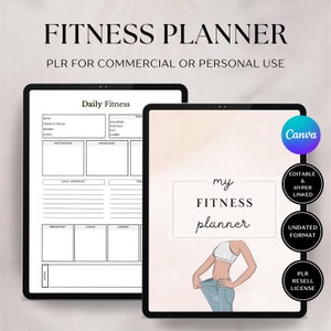 May include: A digital planner template for fitness goals. The template includes sections for daily workout, meals, motivation, and important notes. The cover features a woman in jeans and a white tank top, with the text "my fitness planner" in black.