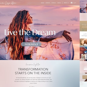 May include: A website homepage with a woman in a floral dress standing on a beach with the text "Live the Dream" and "Transformation Starts on the Inside".