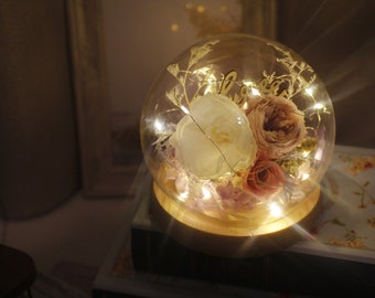 Eternal rose glass dome with led light | gift for her, Valentine's Day, Mother Day gift, forever rose, home deco, dried , handmade, Bouquet