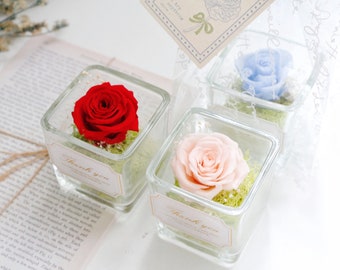 Regalos de despedida Rosa preservada en pequeño cubo de cristal / regalo de decoración para ella / regalos fiesta baby shower / diy / invitados / para profesores