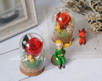 Preserved flowers in small glass dome | red rose | xmas | birthday | decoration | love | little prince | Valentine Day | gift for her | fox