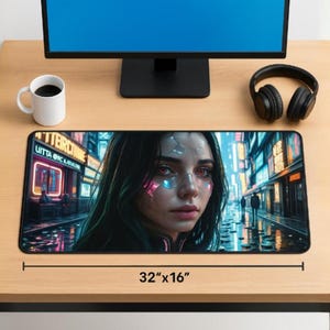 Cyberpunk Anime Girl Mouse Pad – Neon Desk Mat, XL 16×32, Non-Slip