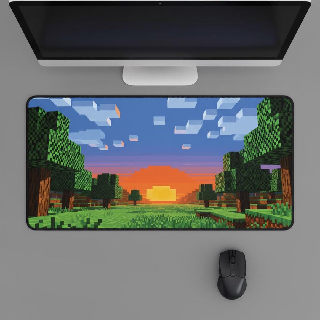 Pixel Sunset Mouse Pad – Blocky Landscape Desk Mat, Minecraft Style ...