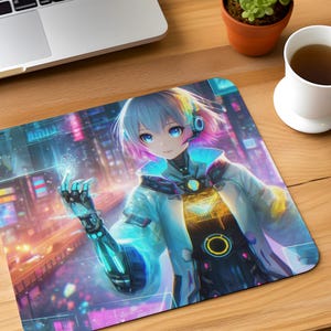 Anime Cyberpunk Girl Mouse Pad – Neon Gamer Desk Mat, Futuristic Sci-Fi Aesthetic, Gift for Anime Fans Gamers Anime Enthusiasts, Home Office