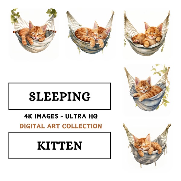 5 Sleeping Kitten in Hammock Clipart - 4K Watercolor Digital Art, Cute Cat Relaxing, Instant Download PNG, Paper Craft