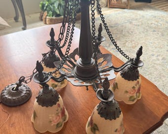 Large Cast Bronze Chandelier with 5 Reverse - Hand Painted Glass Shades