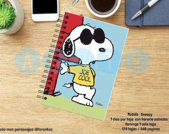 2025 Snoopy Agenda 1 day per page Spanish/English, PDF file ready to print in Legal or Half Letter.