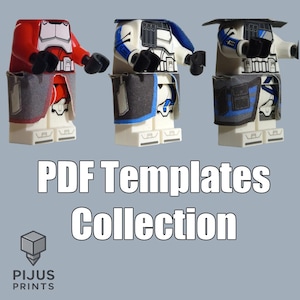 Peut inclure: Trois figurines de soldats en plastique avec des armures rouges, blanches et bleues, des mains noires et des capes de taille en tissu. Le texte PDF Templates Collection est affiché sous les figurines, avec le logo Pijus Prints.