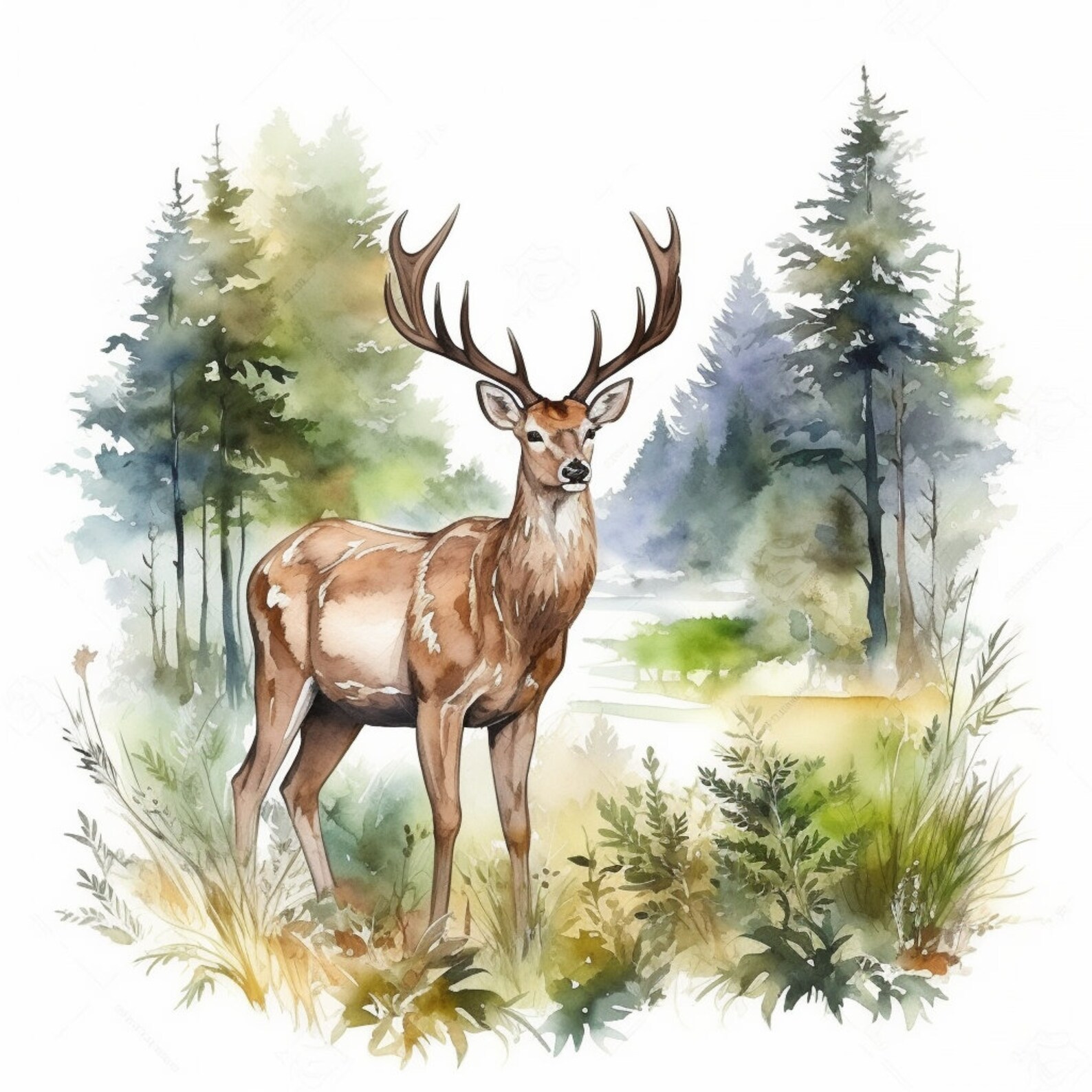 Watercolor Deer in Forest - Etsy
