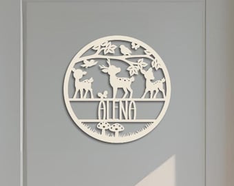 Personalized door sign for children's room - name plate with deer motif - gift for birth, baptism & baby room decoration made of poplar wood