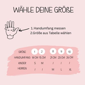 May include: A pink chart with German text, including "W&Auml;HLE DEINE GR&Ouml;BE" at the top. It shows how to measure hand circumference and select a size. Sizes 1, 2, 8, 9, and 10 are listed, with corresponding hand circumferences in centimeters.