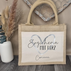 Personalisierte Jute Tasche, Geschenketasche ,Erzieherin mit Herz Tasche, Jutebeutel, Geschenkidee Erzieherin