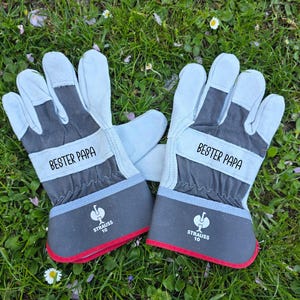 May include: A pair of work gloves with light blue and dark gray panels, red trim, and the text "BESTER PAPA" in white. The gloves have the "STRAUSS 10" logo and are set against a backdrop of green grass.