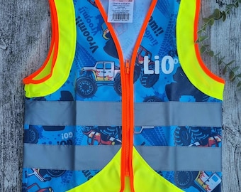 Children's safety vest with monster truck print, school child, gift for starting school, personalized
