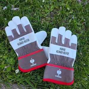 May include: A pair of work gloves with white palms and fingers, brown backs, and red trim. The text "PAPAS KLEINER HELFER" is printed on a white band across the back of each glove. The gloves are resting on a bed of green grass.