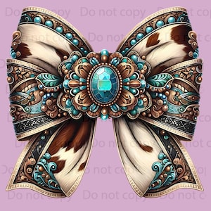May include: A large, ornate bow with a brown and white cowhide pattern. The bow is decorated with turquoise and gold accents, including a large turquoise gemstone in the centre.