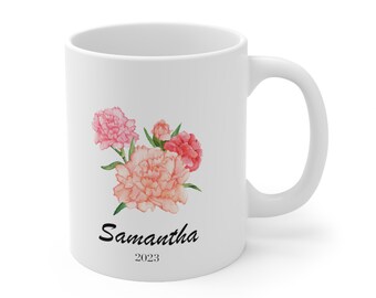 Birth Flower mugs - January Carnation - Custom, Personalized Gift, Birthday