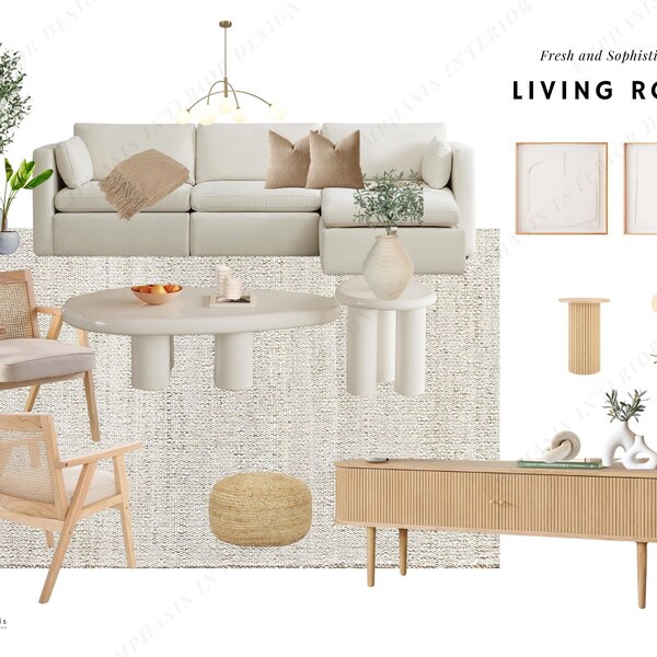 Ready Online Living Room Interior Design Package Shopping List. Sample Board in Japandi style | E- Design |Interior Design, Neutral Colors