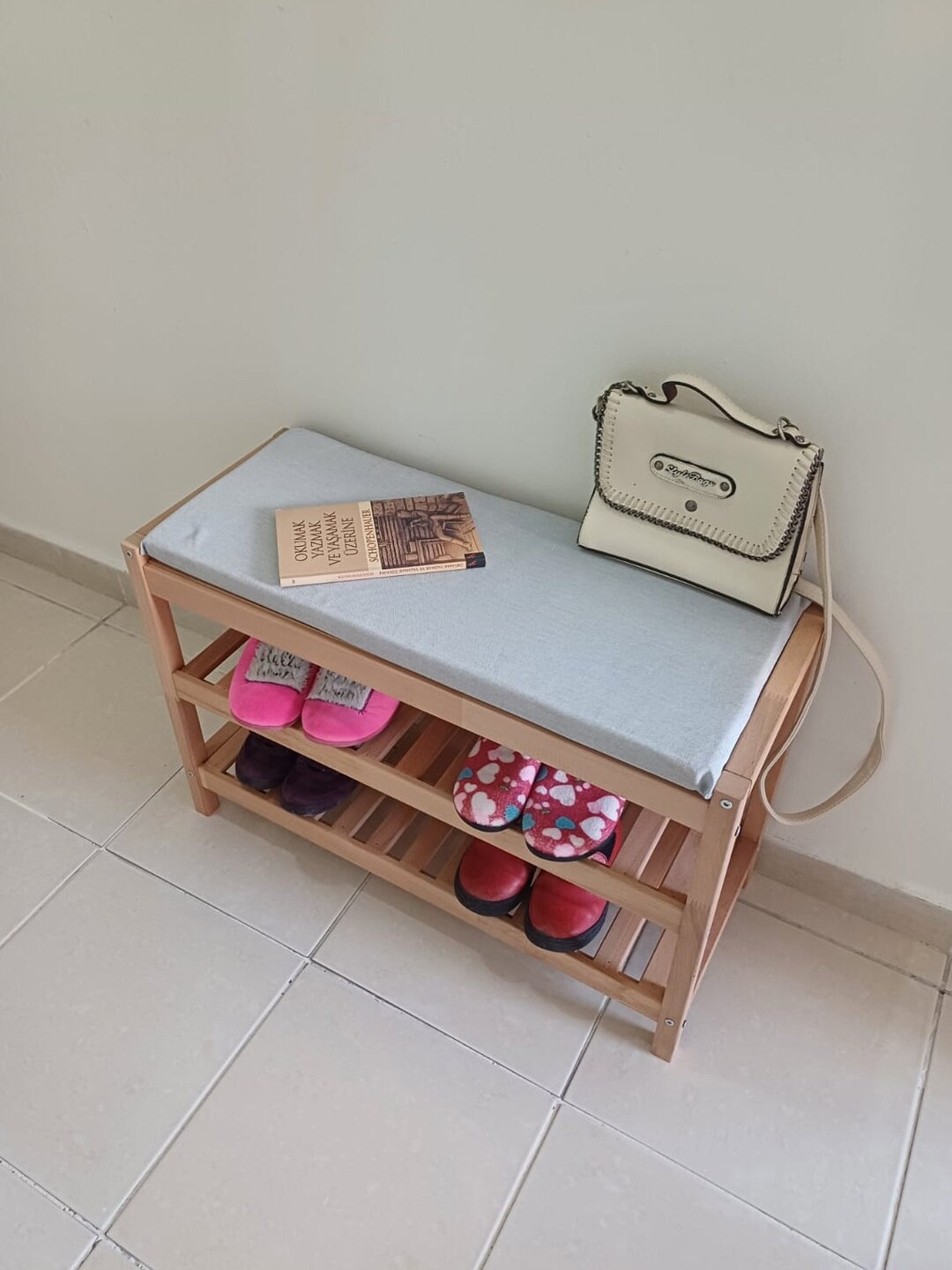 Cushioned Shoe Rack, Seat Shoe Rack, Wooden Shoe Rack, Twolayer Shoe