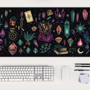 Witchy Desk Mat: Jewel Tone Crystals, Dark Academia Mousepad