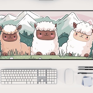 Kawaii Animal Desk Mat featuring Cute Alpacas | Pastel Colored Mouse Pad, Adorable Chibi Aesthetic | XL Gaming Desk Pad, Gift for Her