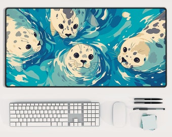 May include: A blue and green mousepad with a design of four seals swimming in the water. The seals are white with black spots and have cute faces.