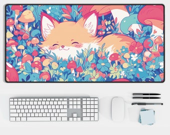 Cute Red Fox Desk Mat | Adorable Gaming Mousepad | Colorful Desk Pad| Floral Meadow, Kawaii Cottagecore Office Decor