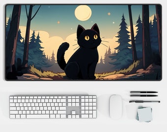 Black Cat Desk Mat: Lofi Witchy Forest Mousepad