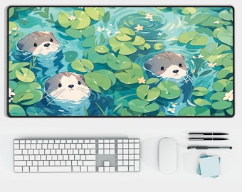 Kawaii Desk Mat featuring Adorable River Otters | Cute Otter Gift | Chibi Style Mousepad | XL Green & Blue Desk Pad | Japanese Office Decor