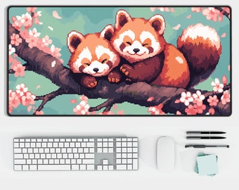 Kawaii dierenbureauonderlegger met schattige rode panda's, pixelstijl | Cherry Blossom-bureauonderlegger, XL gaming-muismat, uniek cadeau