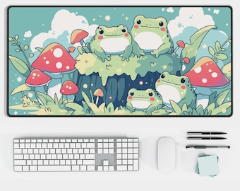 Kawaii Green Frog Desk Mat | Chibi Aesthetic Mousepad, Cute Frog Desk Pad for Office & Gaming, Extended Mouse Mat, Charming Froggy Decor