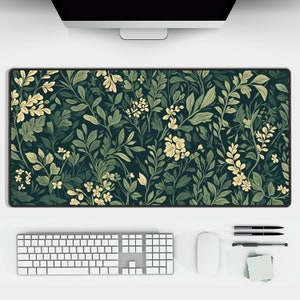 Cozy Botanical Desk Mat, Sage Green Floral and Plant Theme | Aesthetic Office Mousepad, Nature Garden Theme