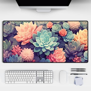 Puede incluir: Un tapete de ratón colorido con un primer plano de varias suculentas en tonos de rosa, verde y morado.